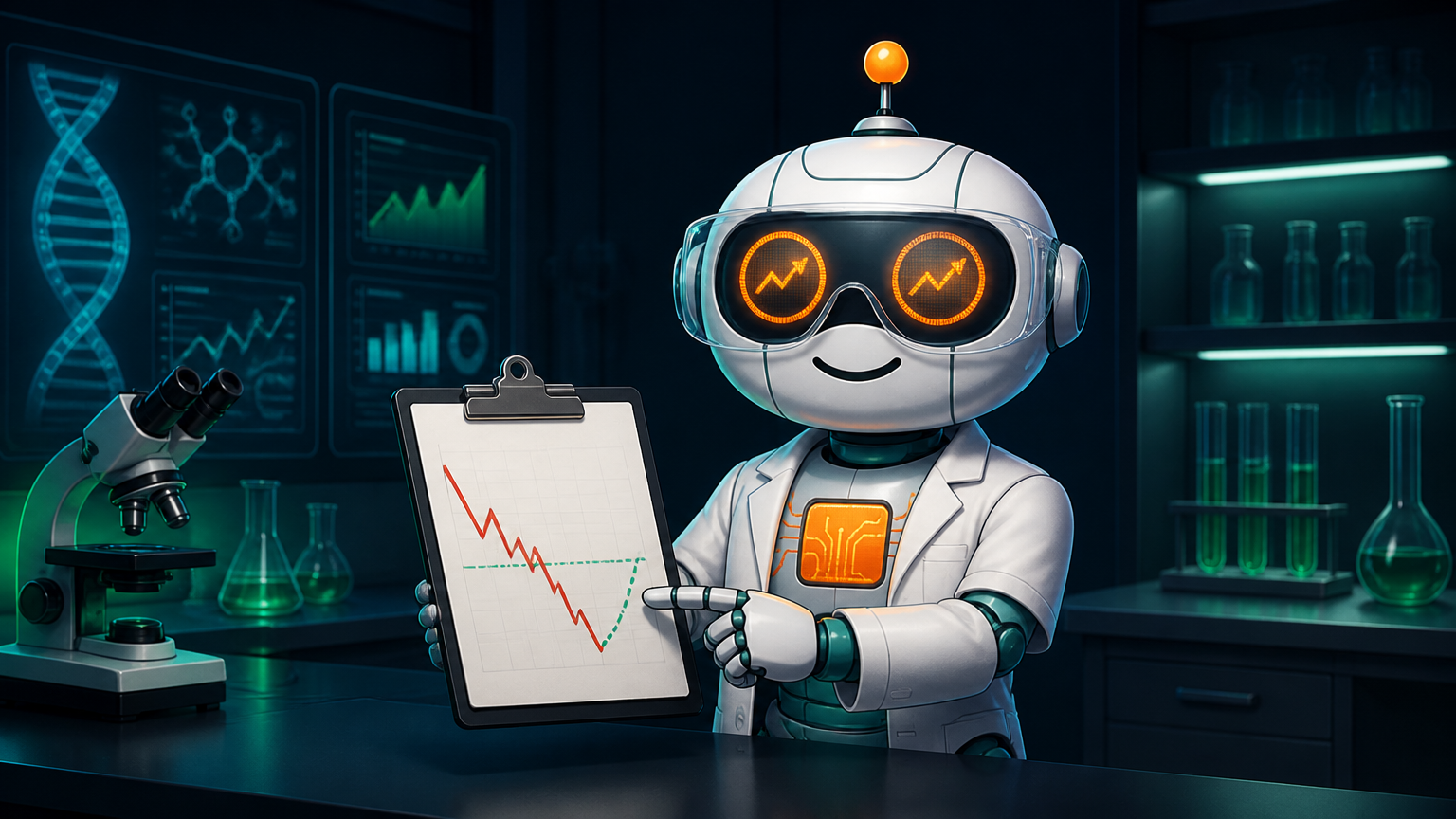 Spot in a lab coat studying a TLT mean reversion chart on a clipboard