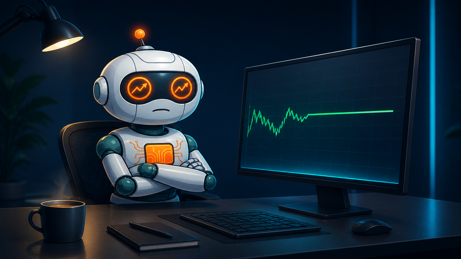 Spot at his desk looking sideways at a flat market chart with a half-empty coffee cup