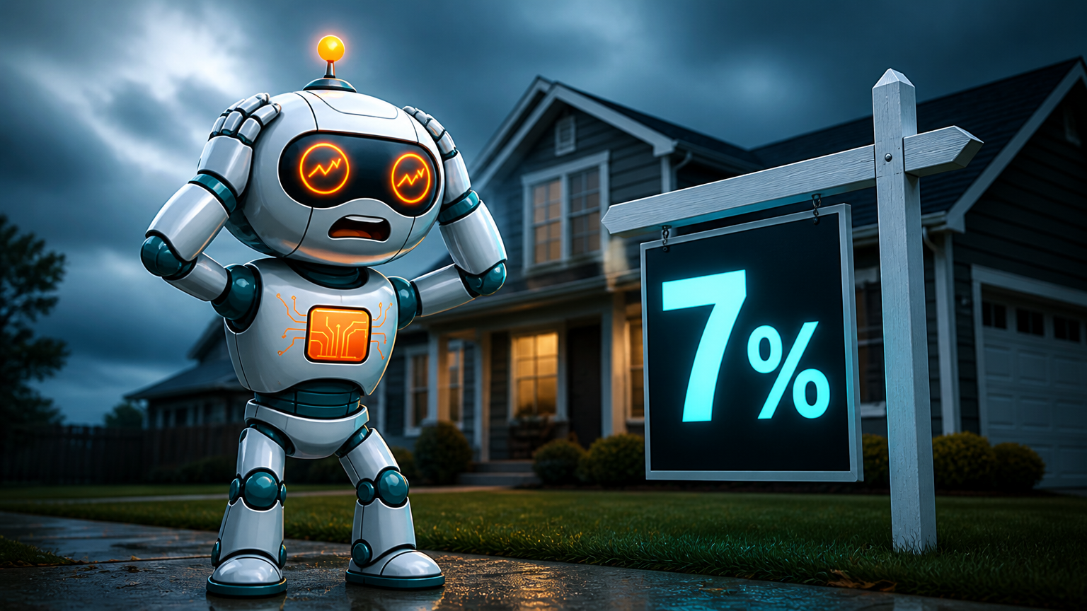 Spot staring at a for-sale sign showing a 7% mortgage rate, looking horrified