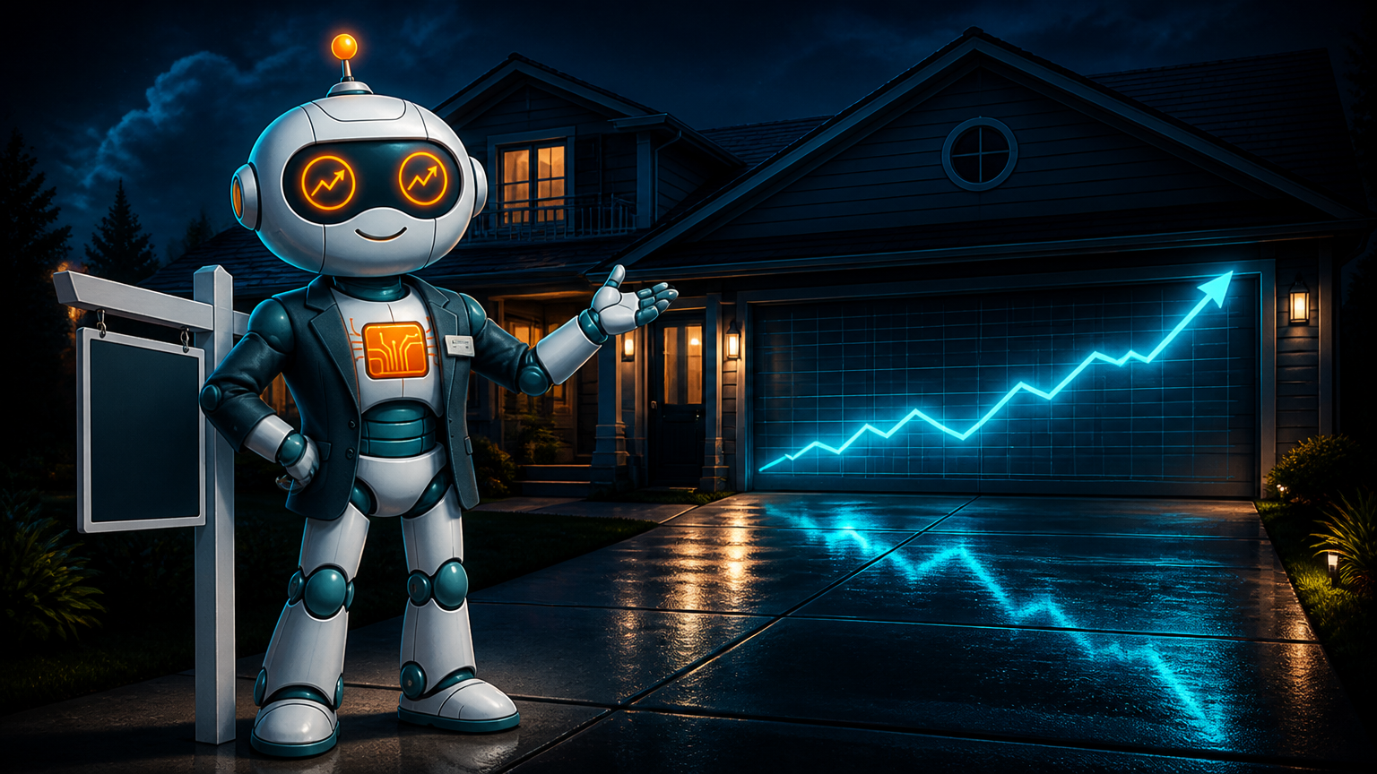 Spot in a real estate blazer at an open house while a bond yield chart climbs on the garage door behind him