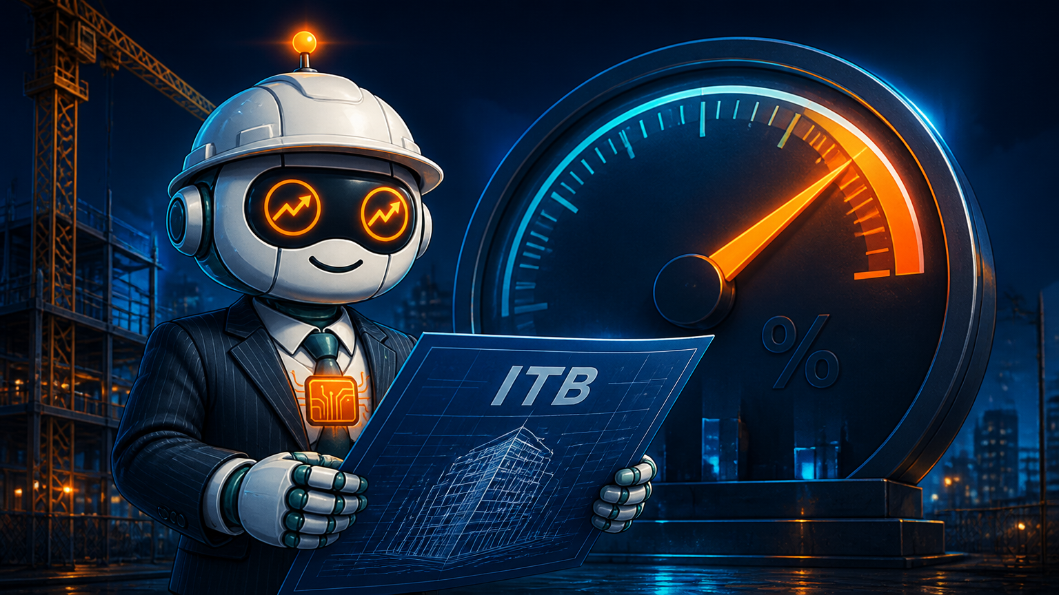 Spot in a hard hat and suit holding ITB blueprints while an interest rate meter climbs behind him