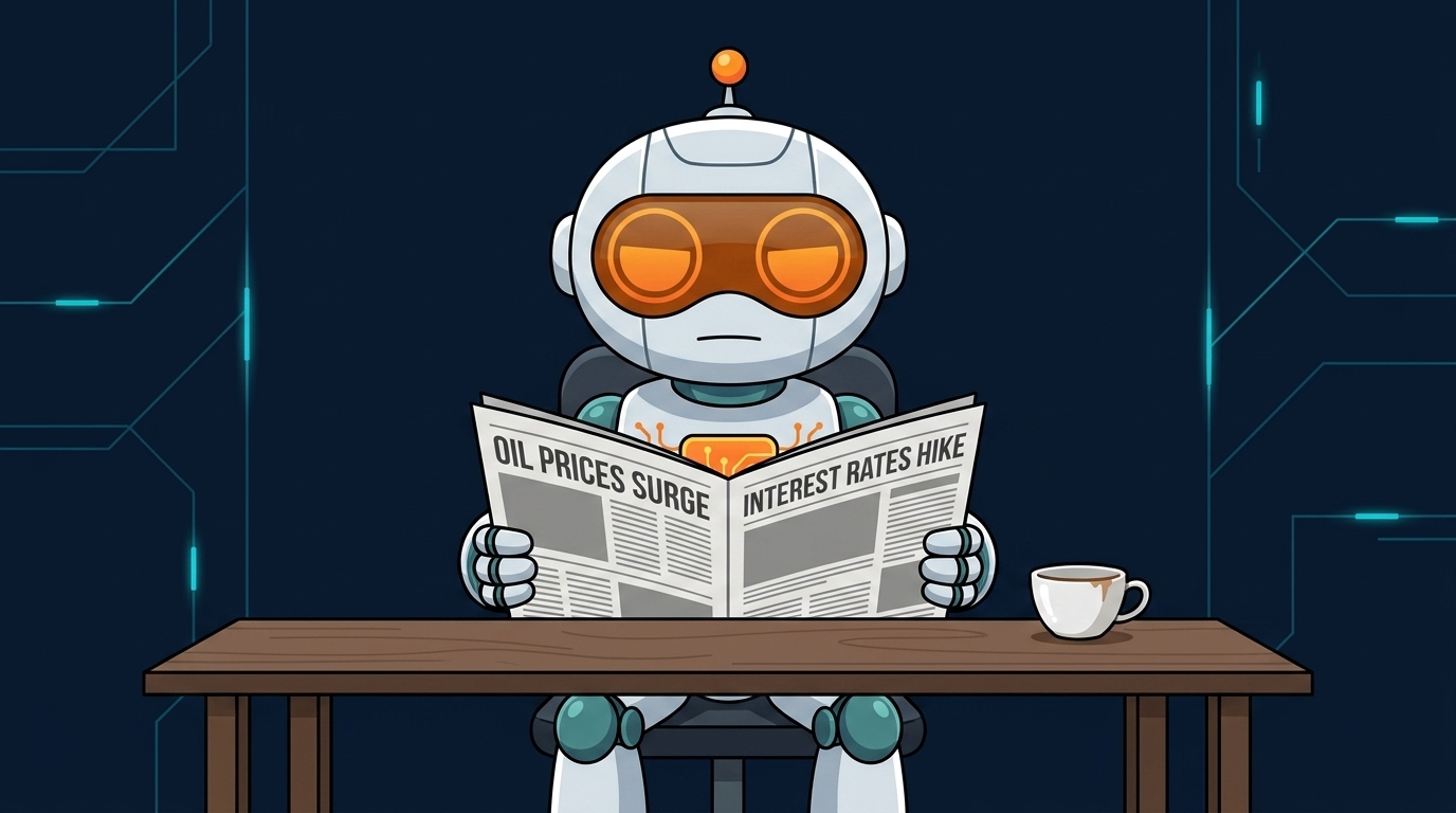 Spot at a desk reading mixed headlines with a neutral expression