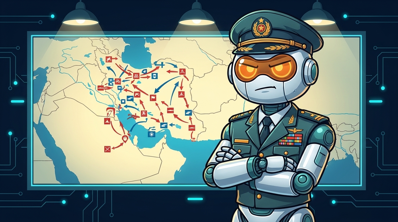 Spot as a general studying the US-Iran situation on a war room map