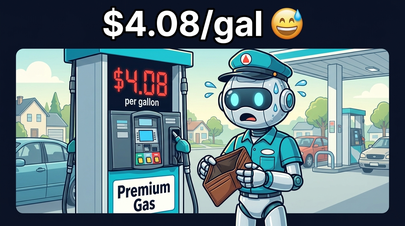 Spot at a gas pump holding an empty wallet