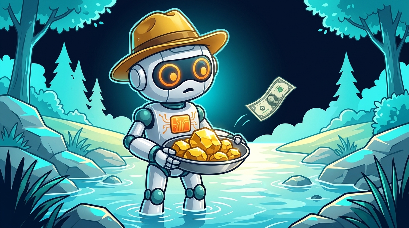 Spot as a gold prospector watching a dollar bill float away