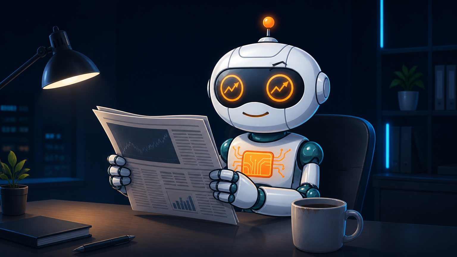 Spot calmly reading a newspaper about the Fed at his desk