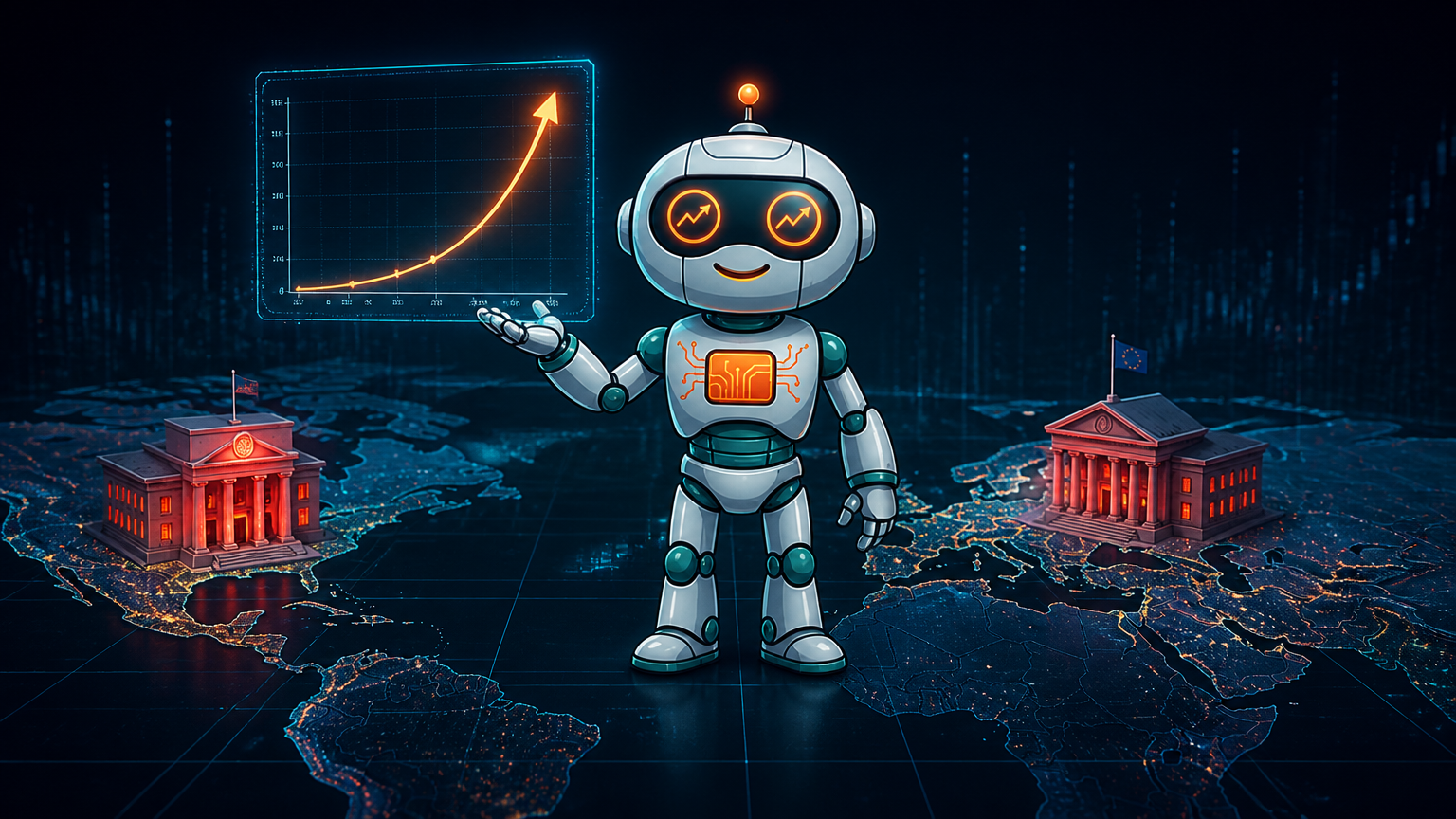 Spot holding a rising yield chart with US and European central banks glowing red