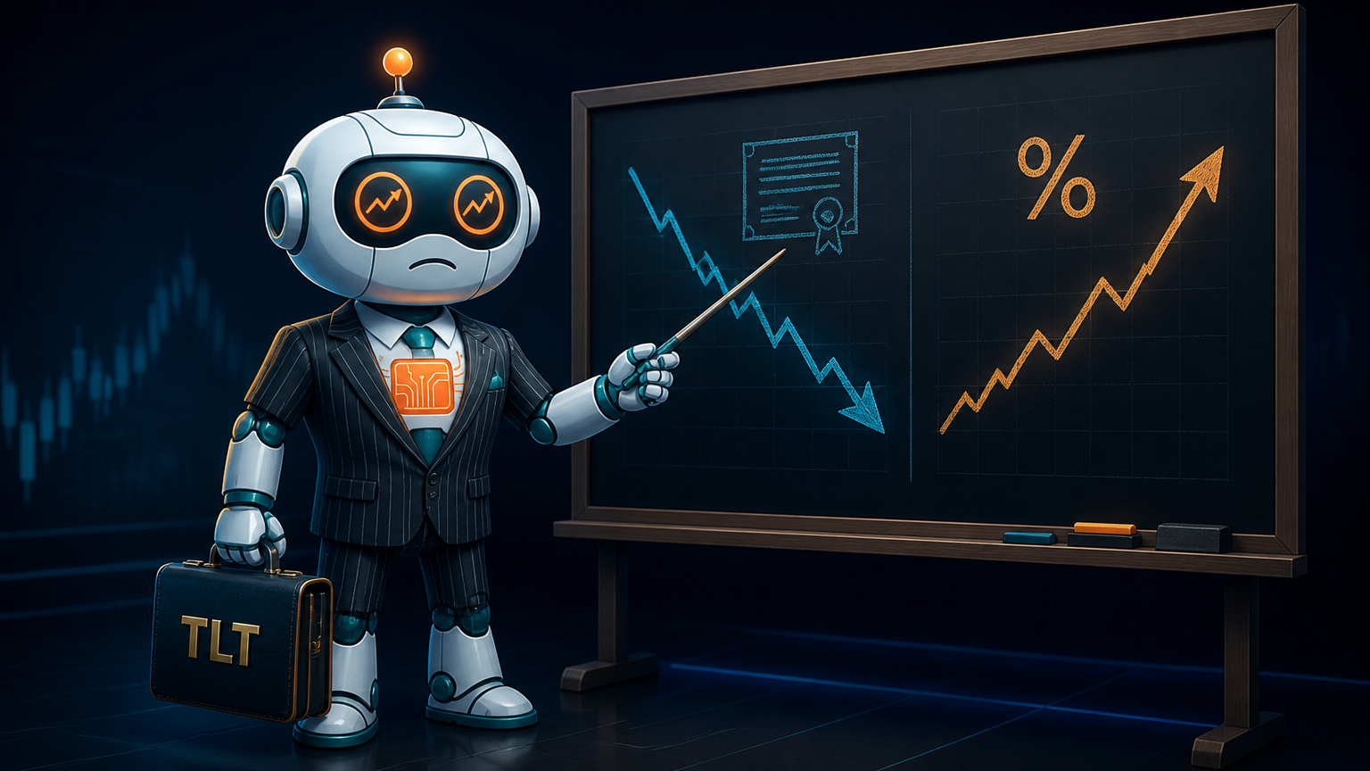 Spot in a pinstriped suit teaching the bond price vs yield relationship at a chalkboard