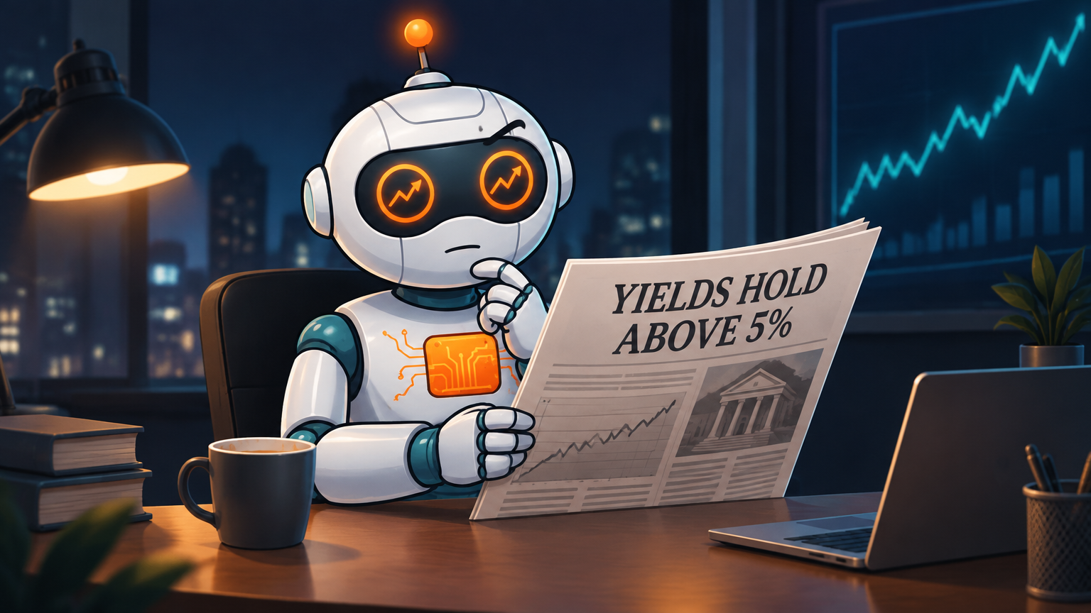 Spot sitting calmly at a desk reading about 5% yields with a slightly raised eyebrow
