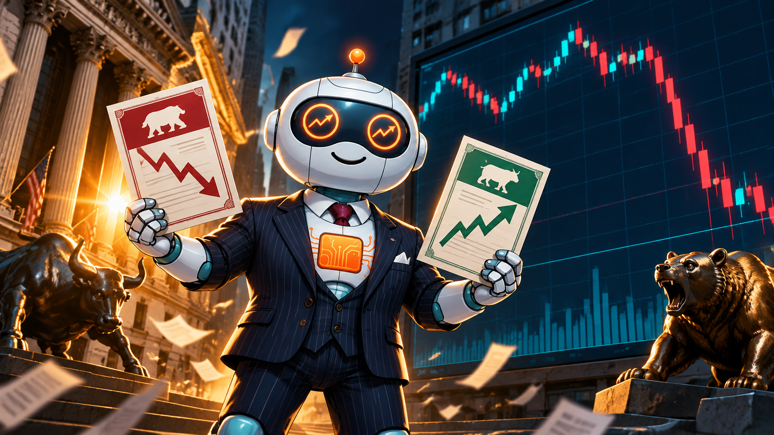 Spot in a pinstriped suit weighing TLT put and call options as yields spike