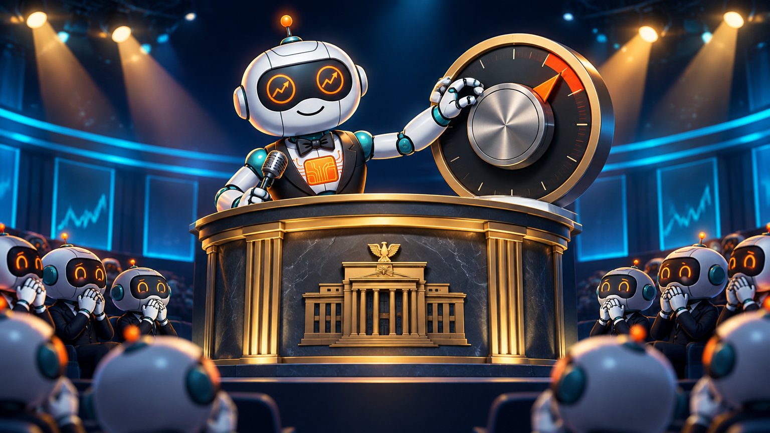 Spot as a game show host at the Federal Reserve podium, dramatic spotlight