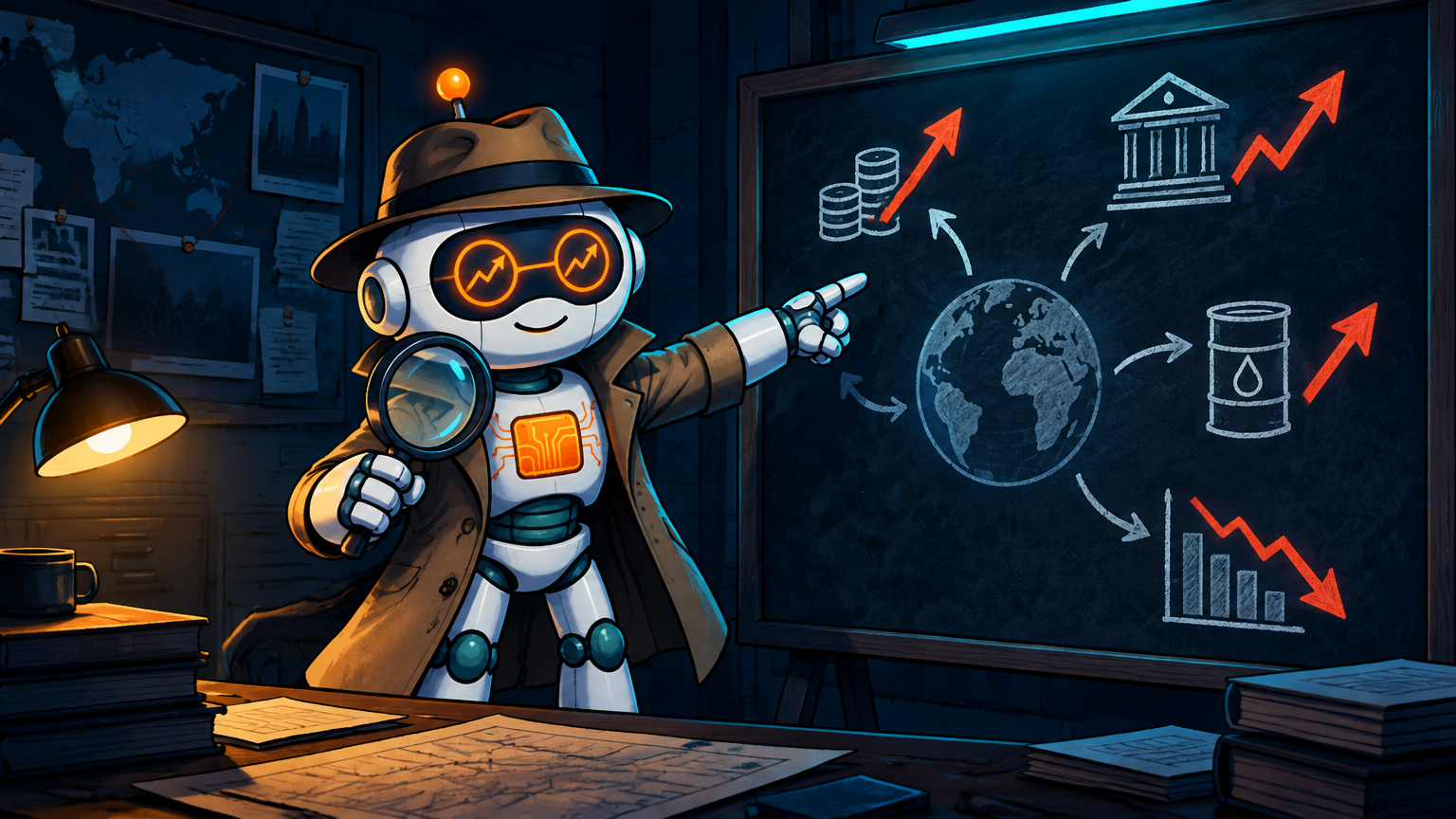 Spot as a detective mapping out the Fed rate hike ripple effect on a chalkboard