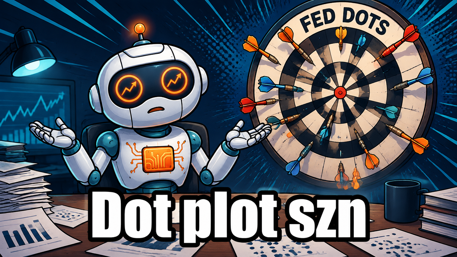 Spot staring at a chaotic Fed dot plot dartboard, completely confused
