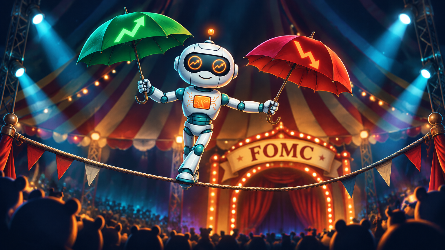 Spot as a tightrope walker balancing call and put umbrellas at an FOMC circus