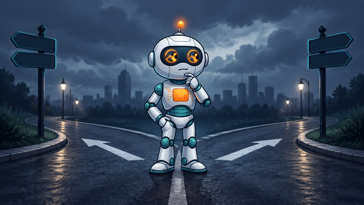 Spot standing at a crossroads looking calm but uncertain