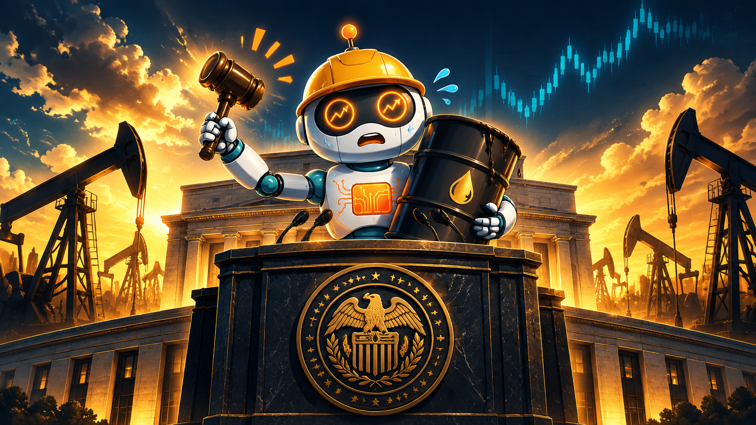 Spot at the Fed podium holding an oil barrel and a gavel, looking flustered