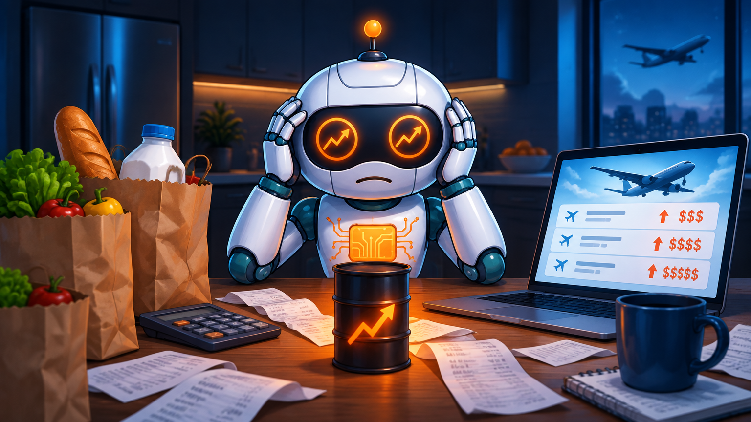 Spot at a kitchen table overwhelmed by rising prices across groceries, utilities, and flights