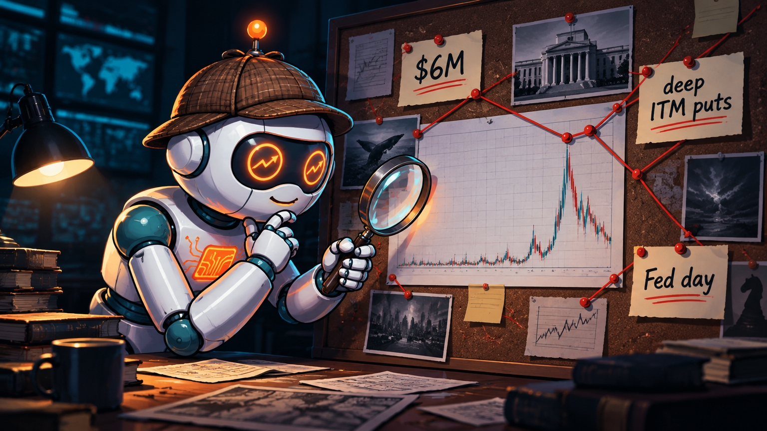 Spot as a detective examining the mysterious $6M VIX put trade on a corkboard