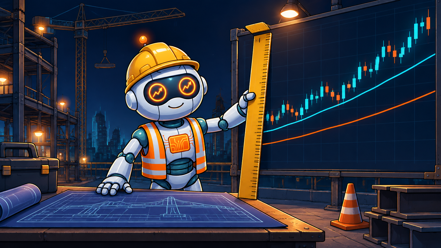 Spot in a hard hat measuring the 50-day and 200-day moving averages on a chart