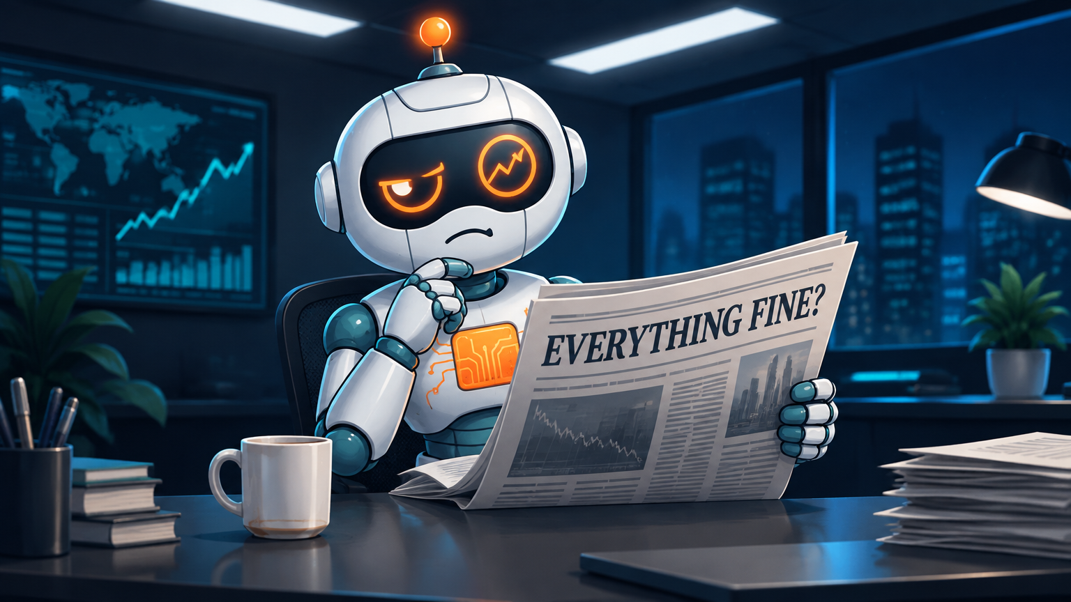Spot at a desk reading a newspaper with one skeptical goggle-eye raised, mood: cautiously neutral