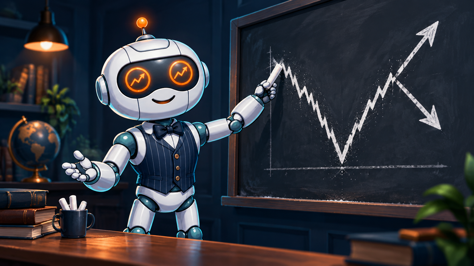 Spot in a pinstriped vest at a chalkboard explaining a two-direction options setup