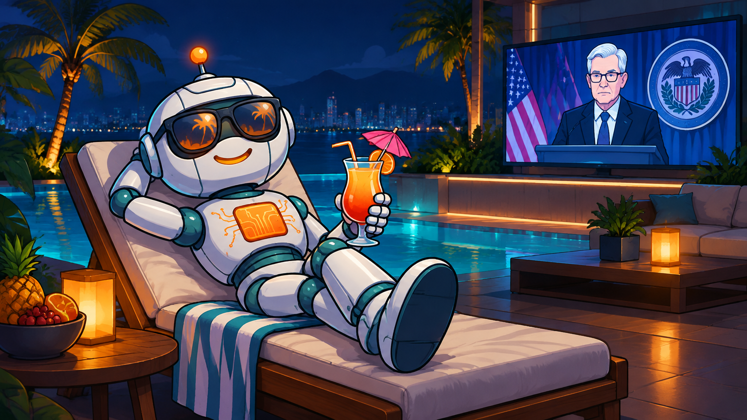 Spot relaxing poolside in sunglasses while the Fed drama plays on TV behind him