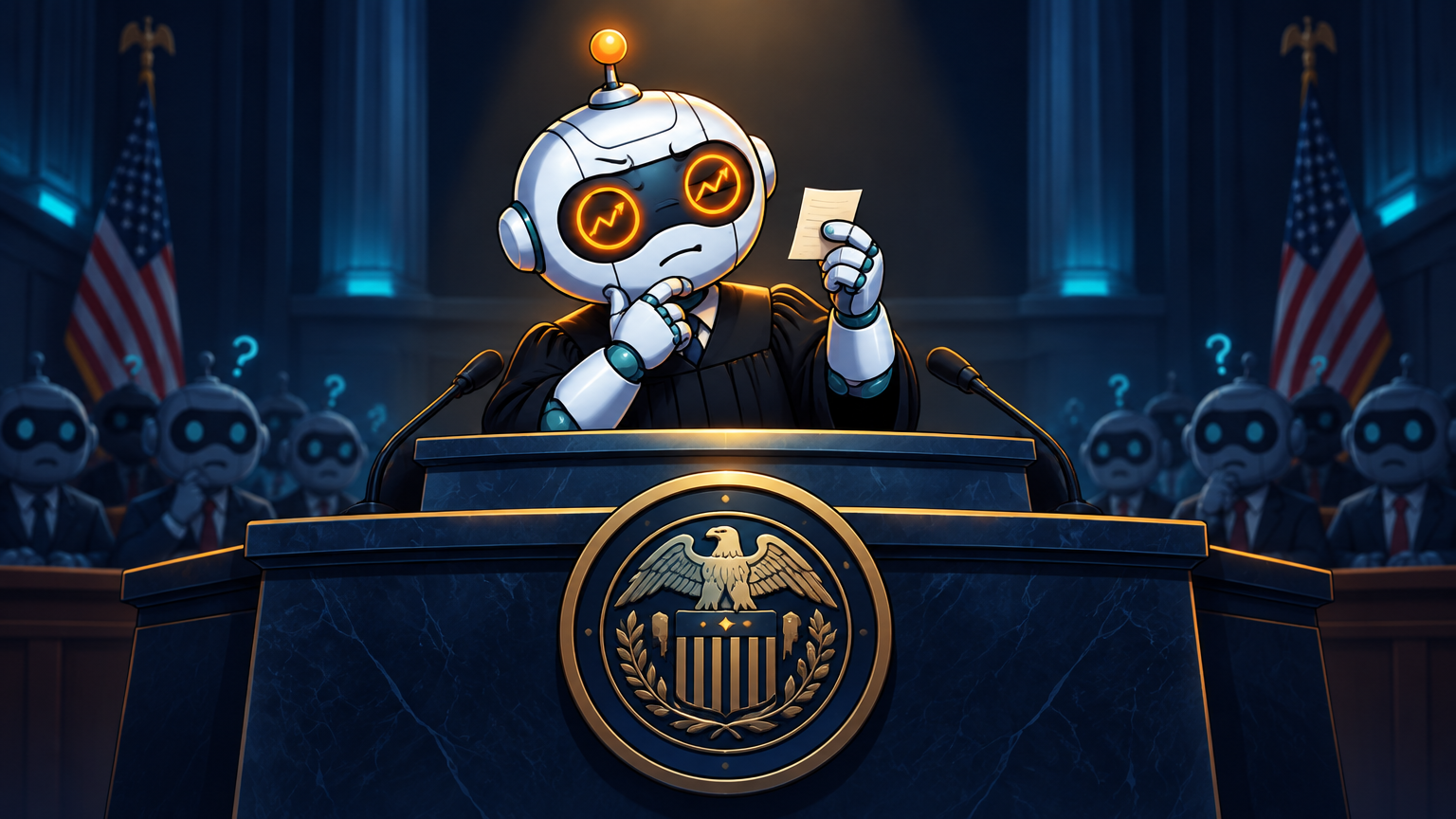 Spot in a judge's robe squinting at a three-word Fed statement