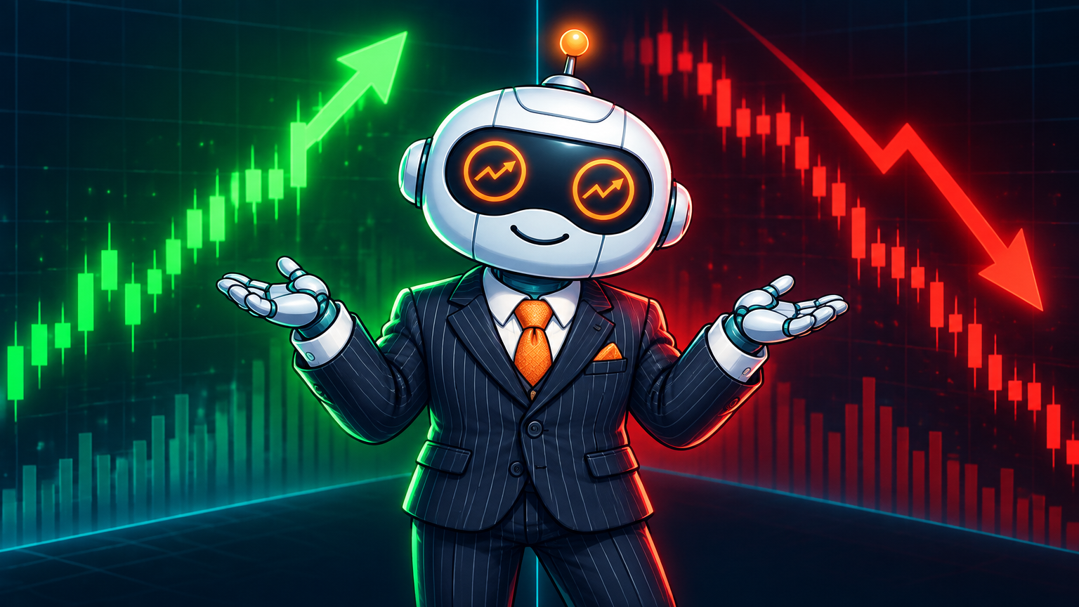 Spot in a pinstriped suit staring at a split-screen TLT chart going both ways