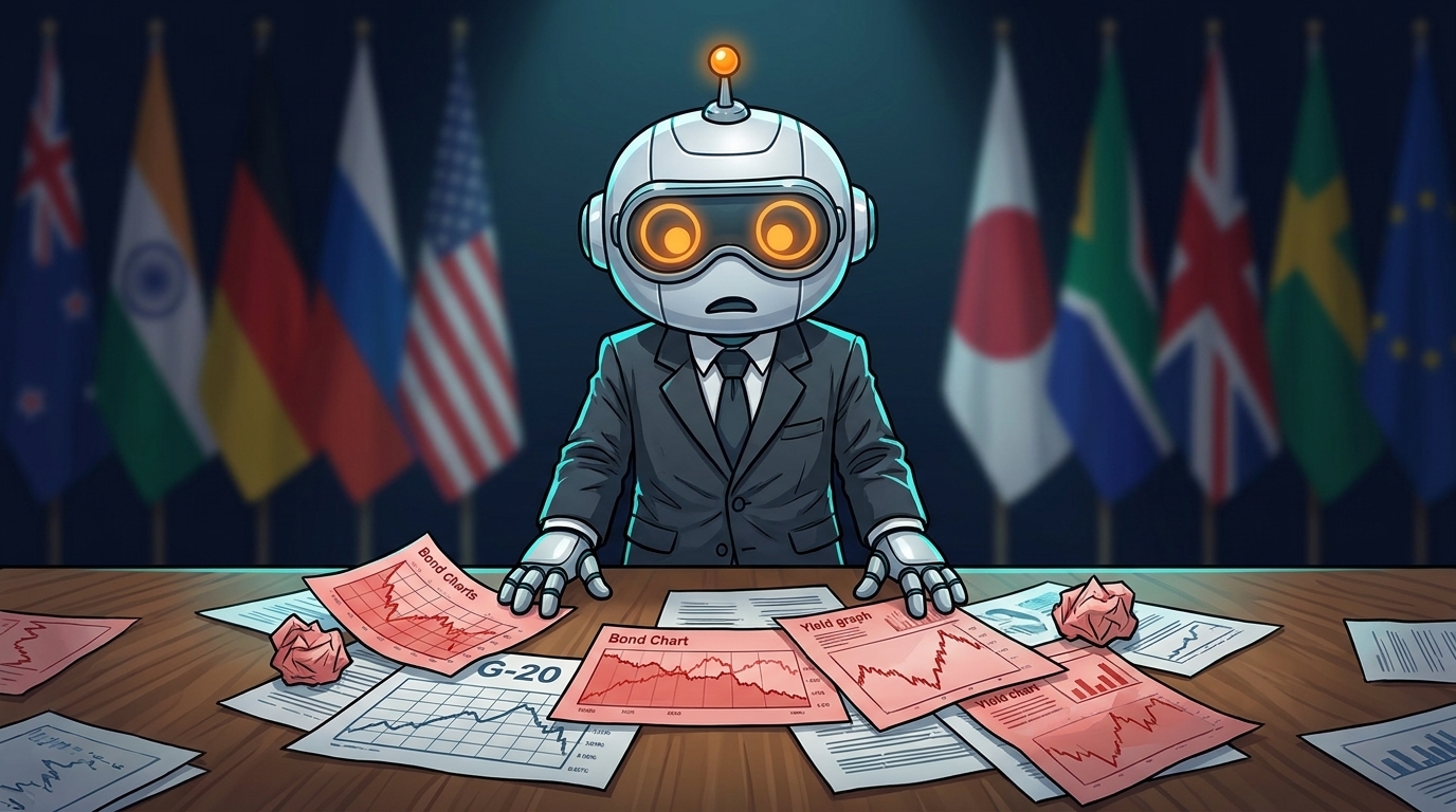 Spot in a diplomat suit staring at a G-20 table covered in red bond charts