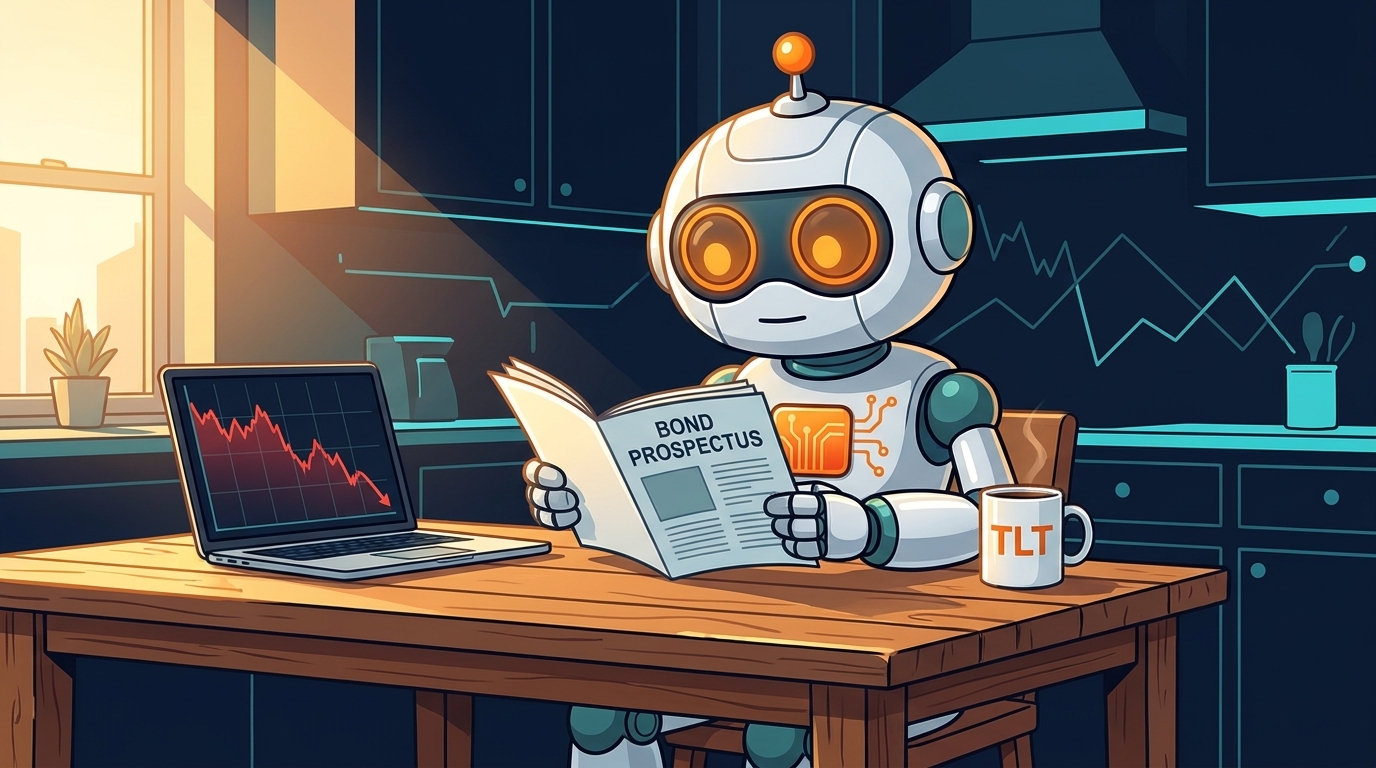 Spot calmly reading bond documents with a TLT coffee mug despite a red chart on screen