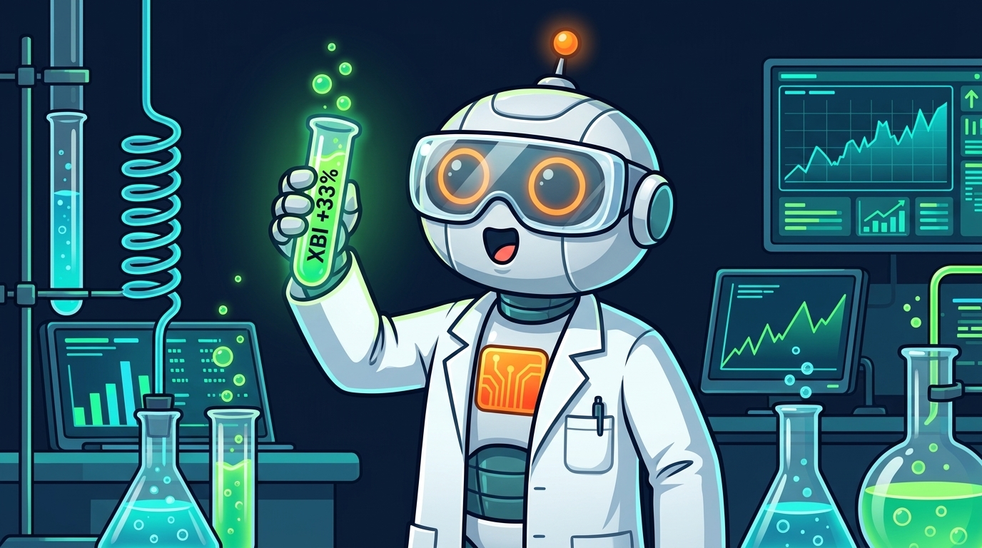 Spot in a lab coat holding a glowing XBI test tube with a surprised expression