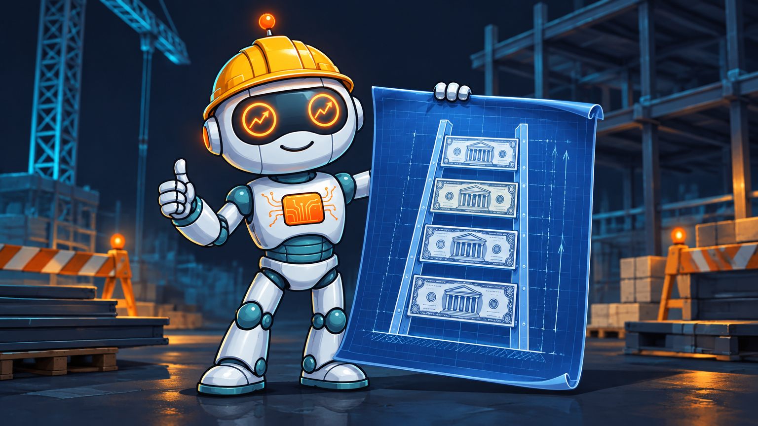 Spot in a hard hat holding a Treasury ladder blueprint