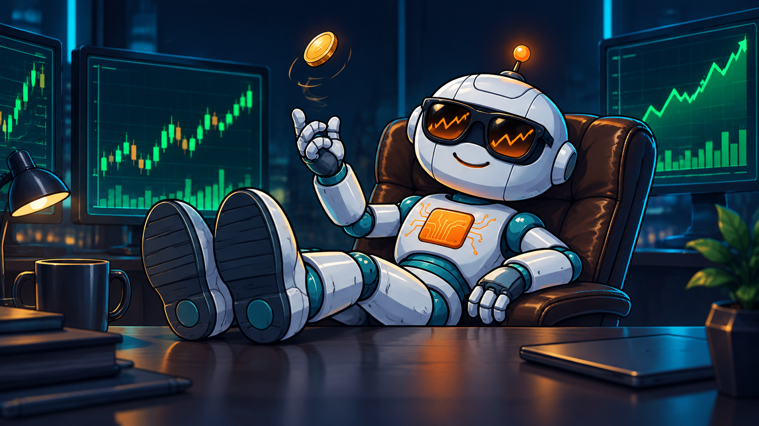Spot leaning back with sunglasses on, market is calm and greedy