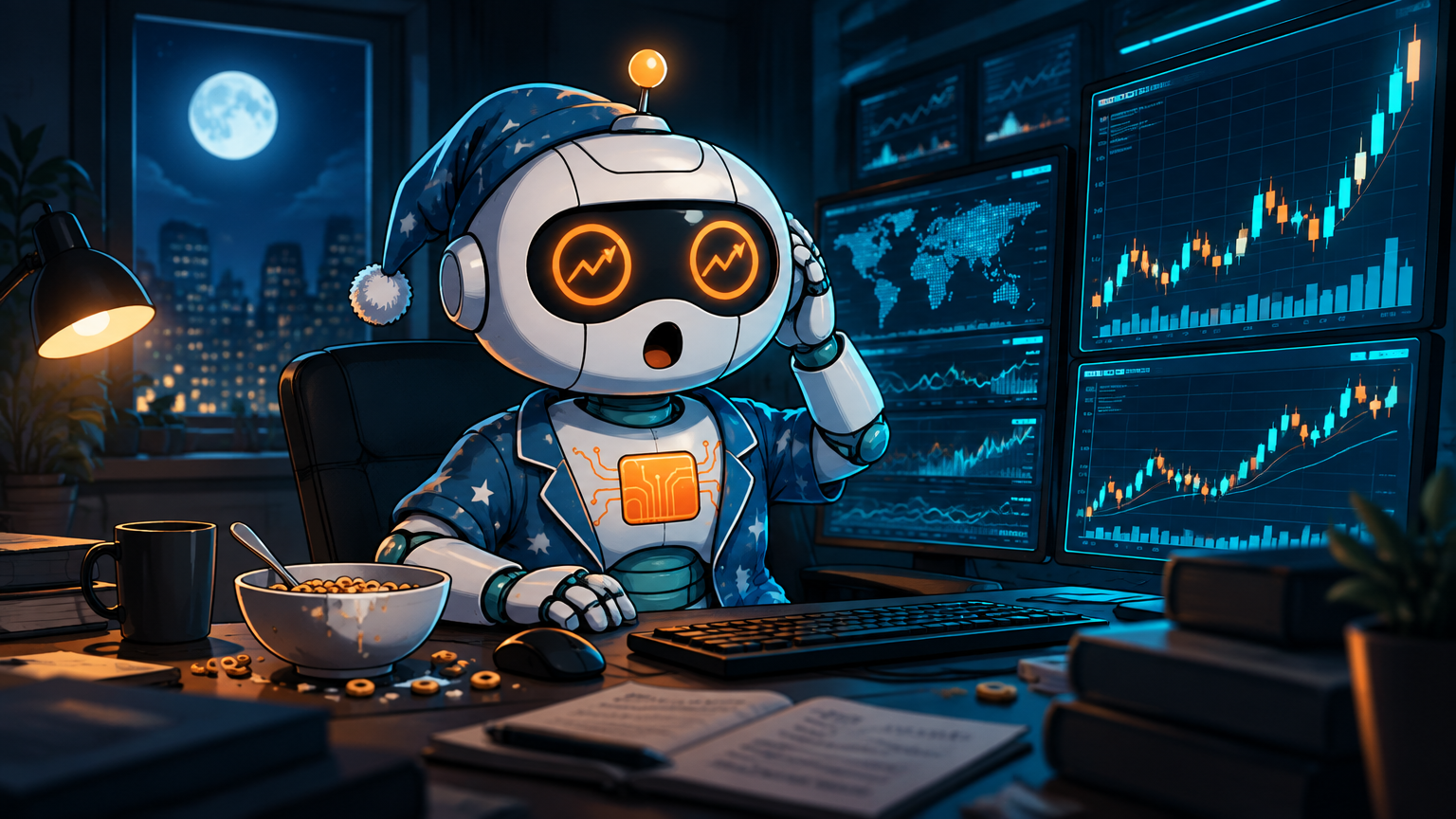 Spot in pajamas trading stocks at 3am