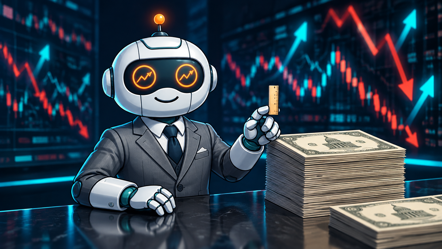 Spot in a banker's suit holding short-duration Treasury bills