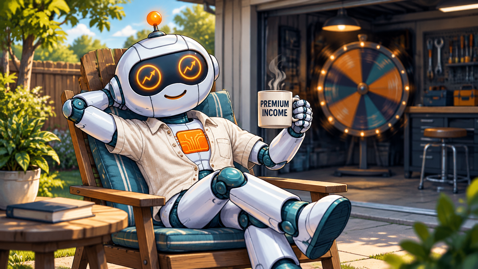 Spot relaxing in a lawn chair with a coffee mug labeled Premium Income, a wheel spinning in the background