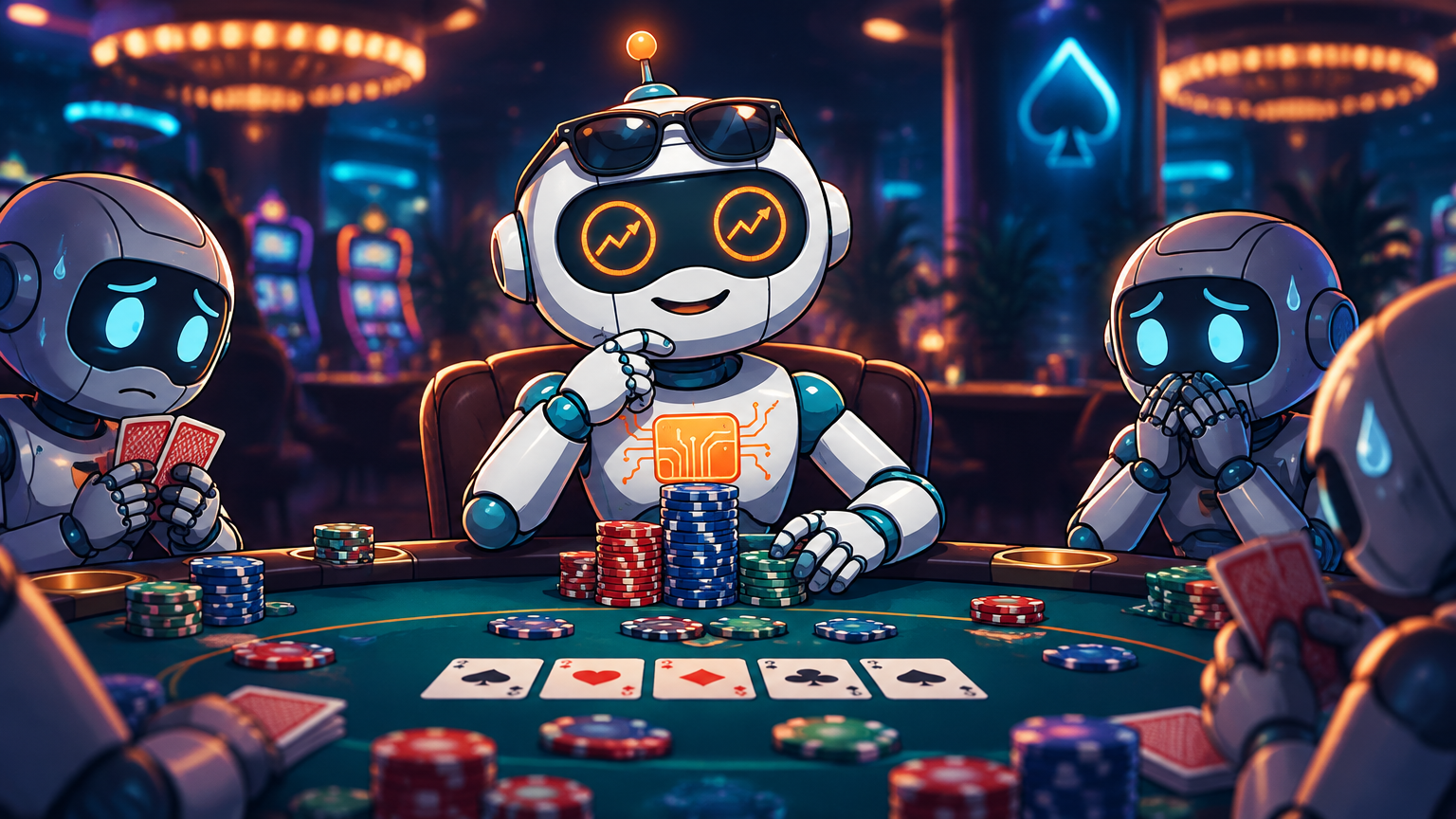 Spot at a poker table with stacked chips and a confident smirk in a neon casino