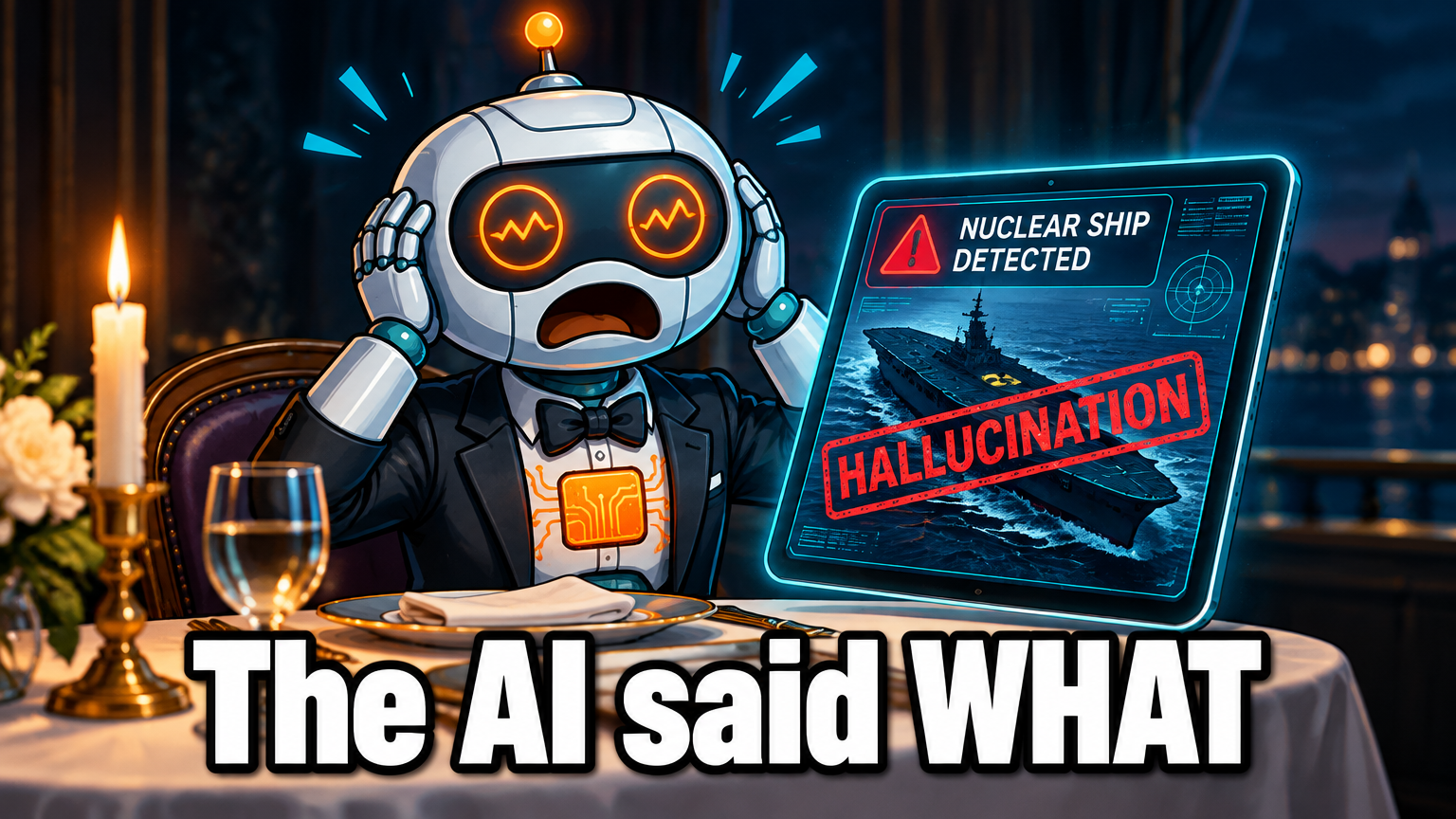 Spot at a dinner table horrified by an AI hallucination alert on his tablet