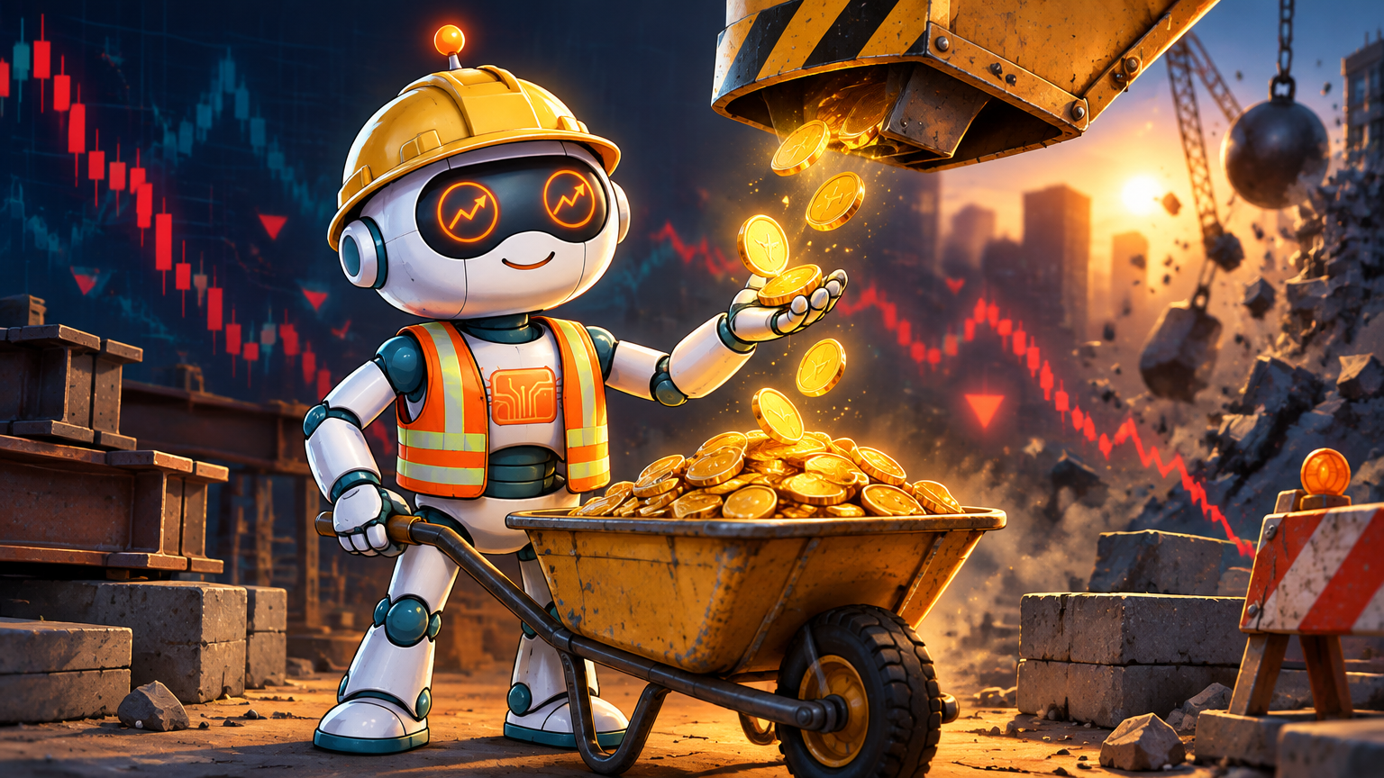 Spot in a hard hat collecting covered call premium coins on a construction site