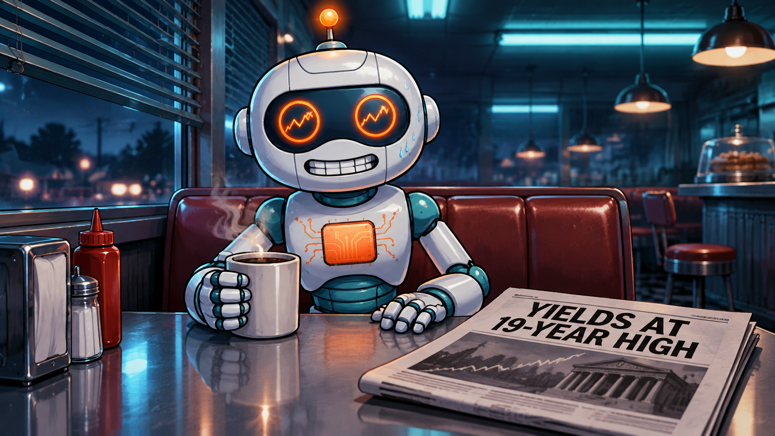 Spot smiling tensely at a diner while hiding a scary newspaper