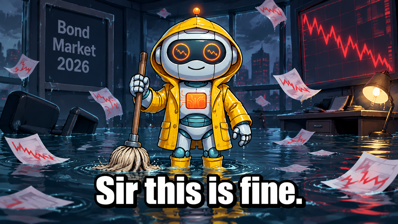 Spot in a rain slicker mopping up a flooded bond market room