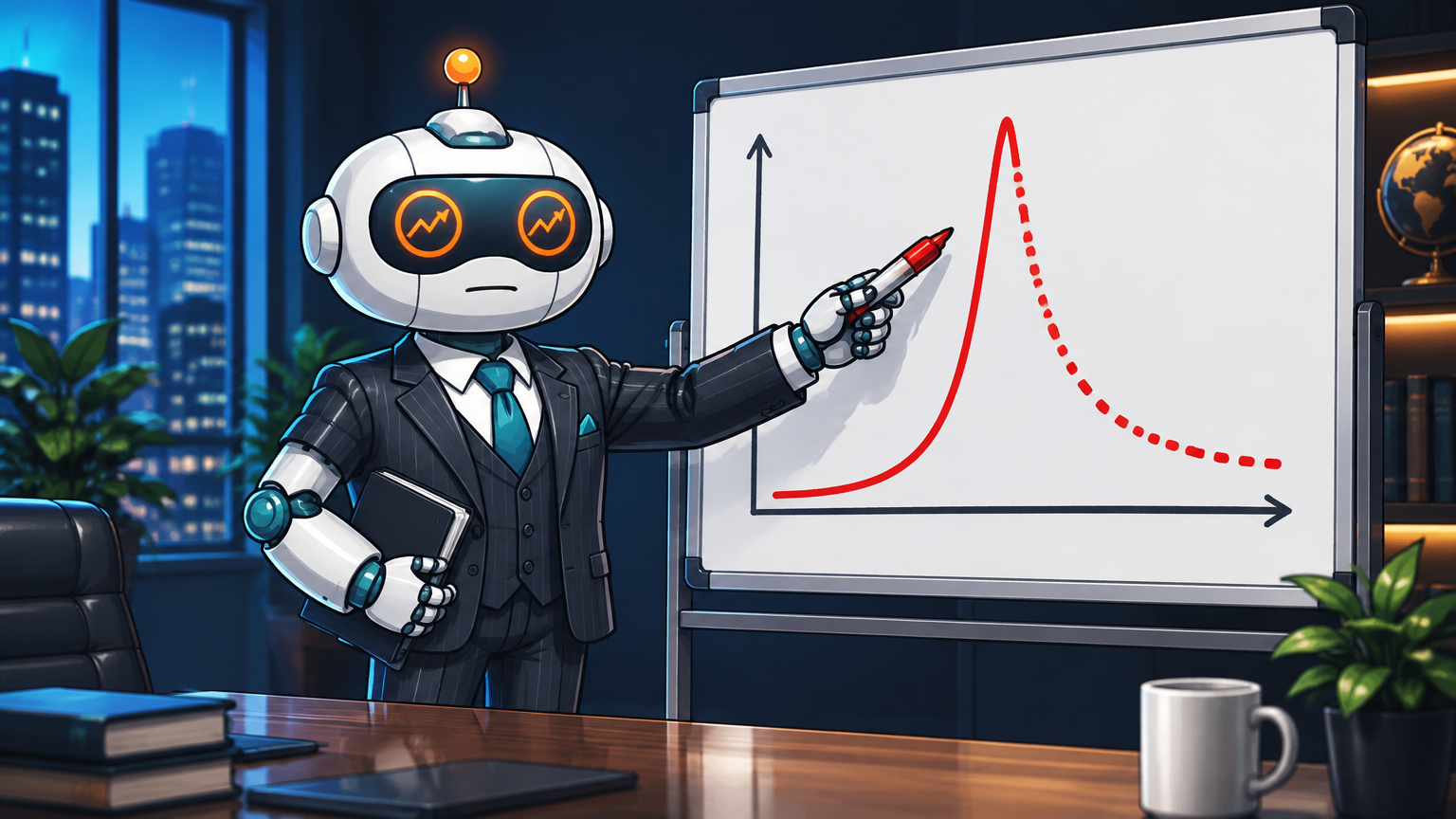 Spot in a pinstripe suit presenting a yield mean-reversion chart on a whiteboard