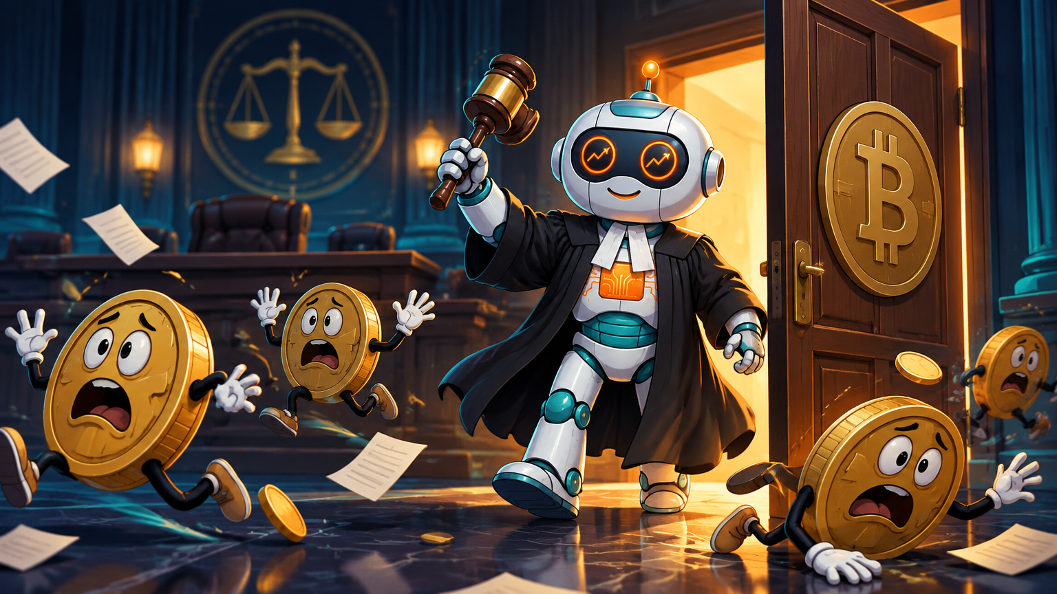 Spot in a judge's robe crashing through the crypto door with a gavel