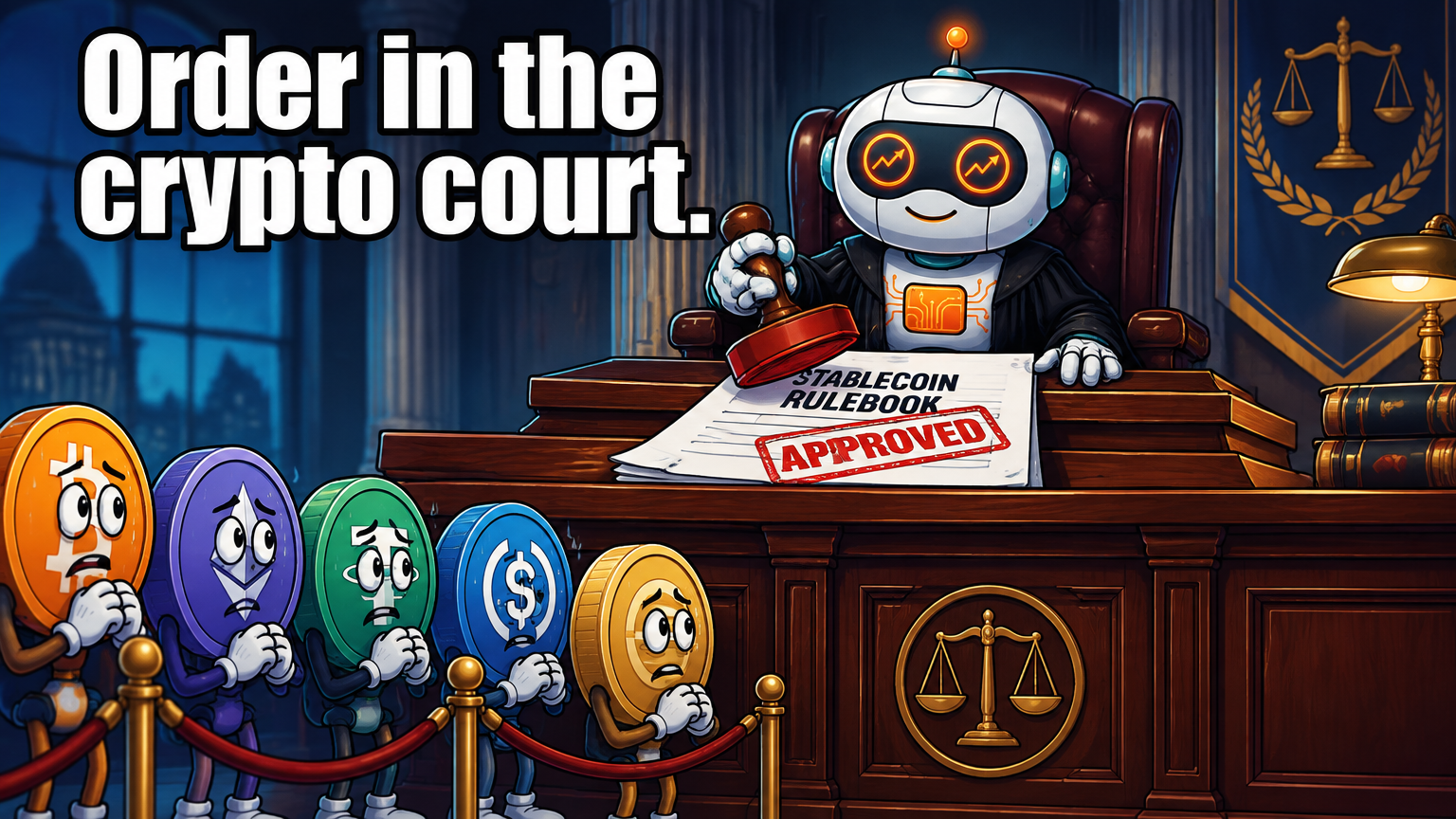 Spot as a judge stamping the stablecoin rulebook while crypto logos wait nervously