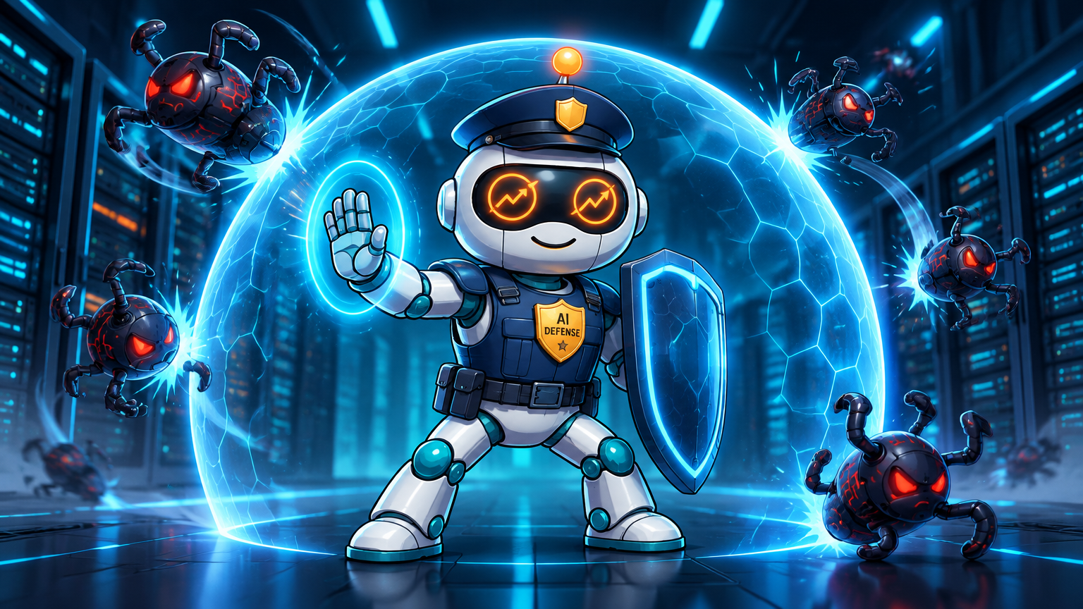 Spot in a security guard uniform defending a server room from AI bugs
