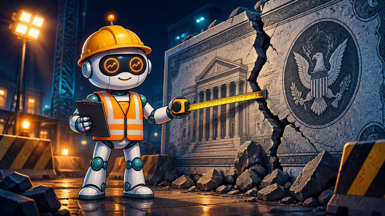 Spot in a hard hat inspecting a cracked Treasury bond wall