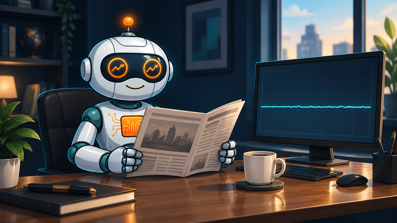 Spot calmly reading the newspaper at a neutral market desk