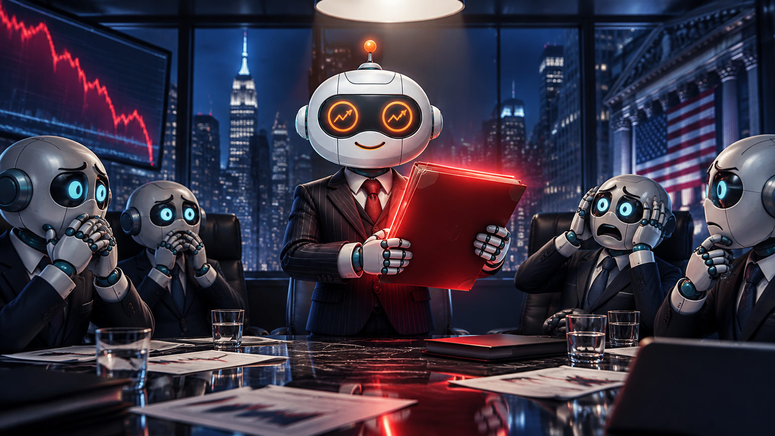 Spot holding an AI Doomsday ETF filing in a Wall Street boardroom