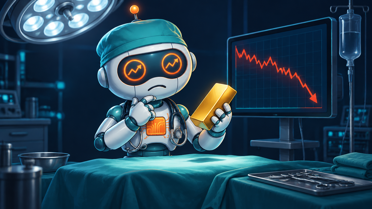 Spot in surgeon scrubs examining a gold bar on an operating table