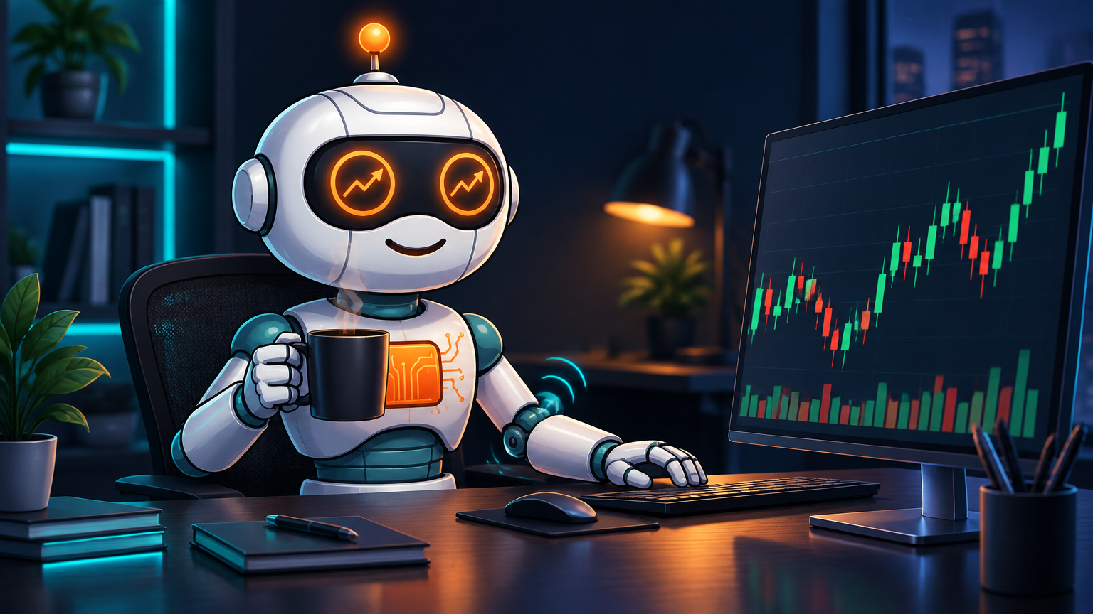 Spot calmly sitting at a desk with one eye nervously on the market monitor